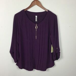 NWT PS PerSeption eggplant purple pleated front quarter zip 3/4 sleeve shirt XL
